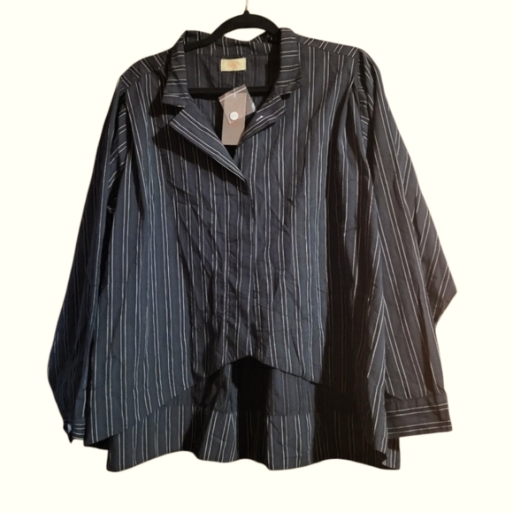 Tulip Black & White Pin Stripe Lagenlook Cotton Collared Shirt Size XLarge NEW - Picture 2 of 8